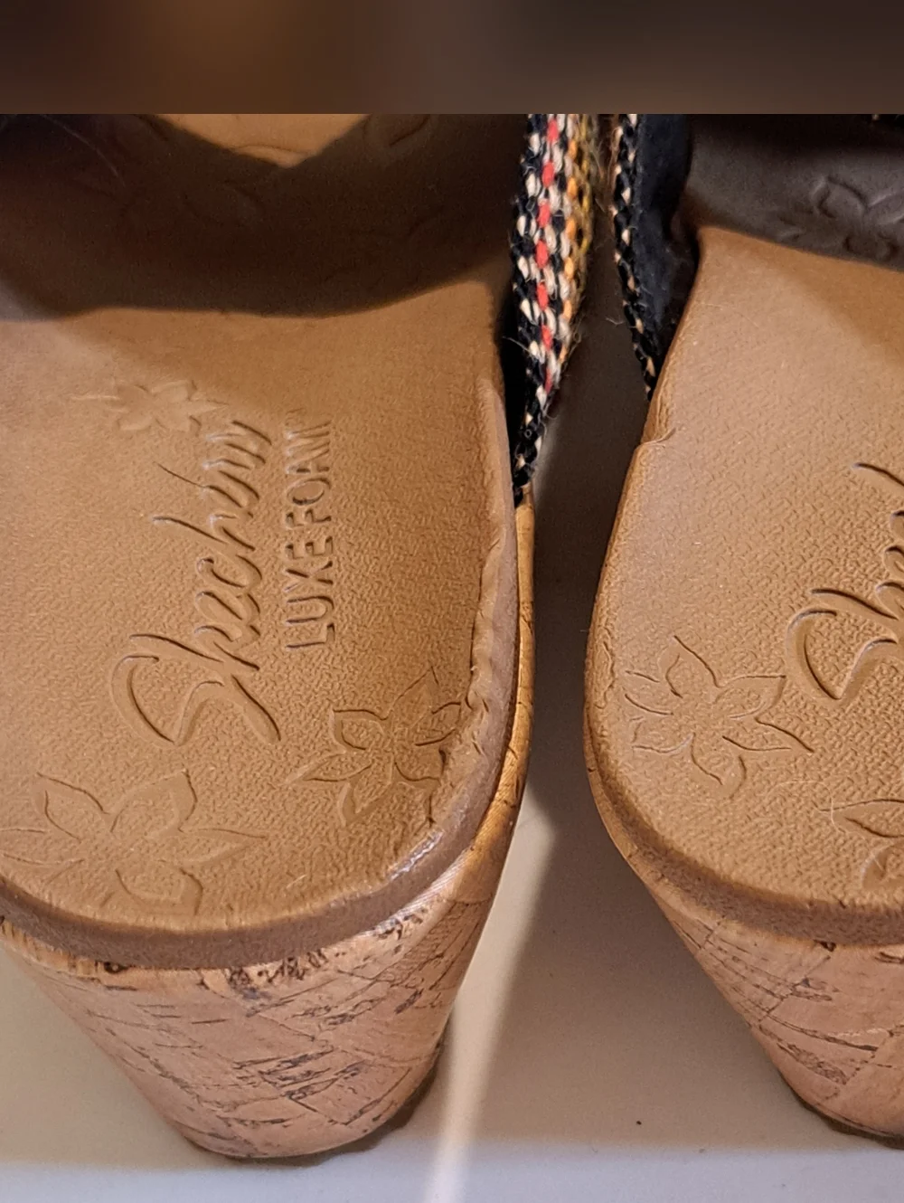 Skechers Cork Wedge Multi Color Strap, Size 8 Height 2.5 inches